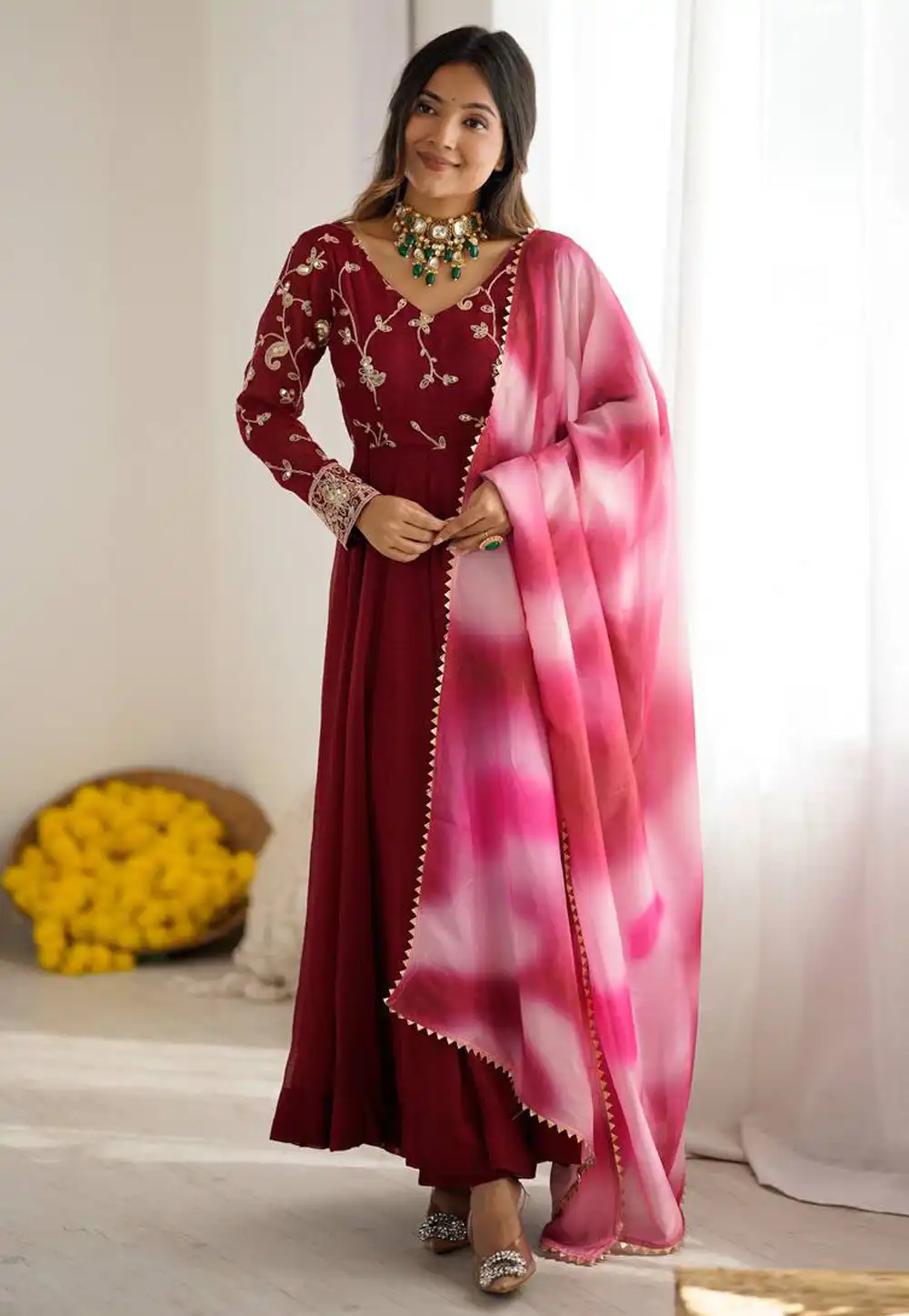 Maroon Silk Readymade Anarkali Suit 321208