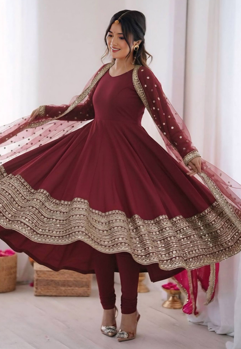Maroon Silk Readymade Anarkali Suit 321600