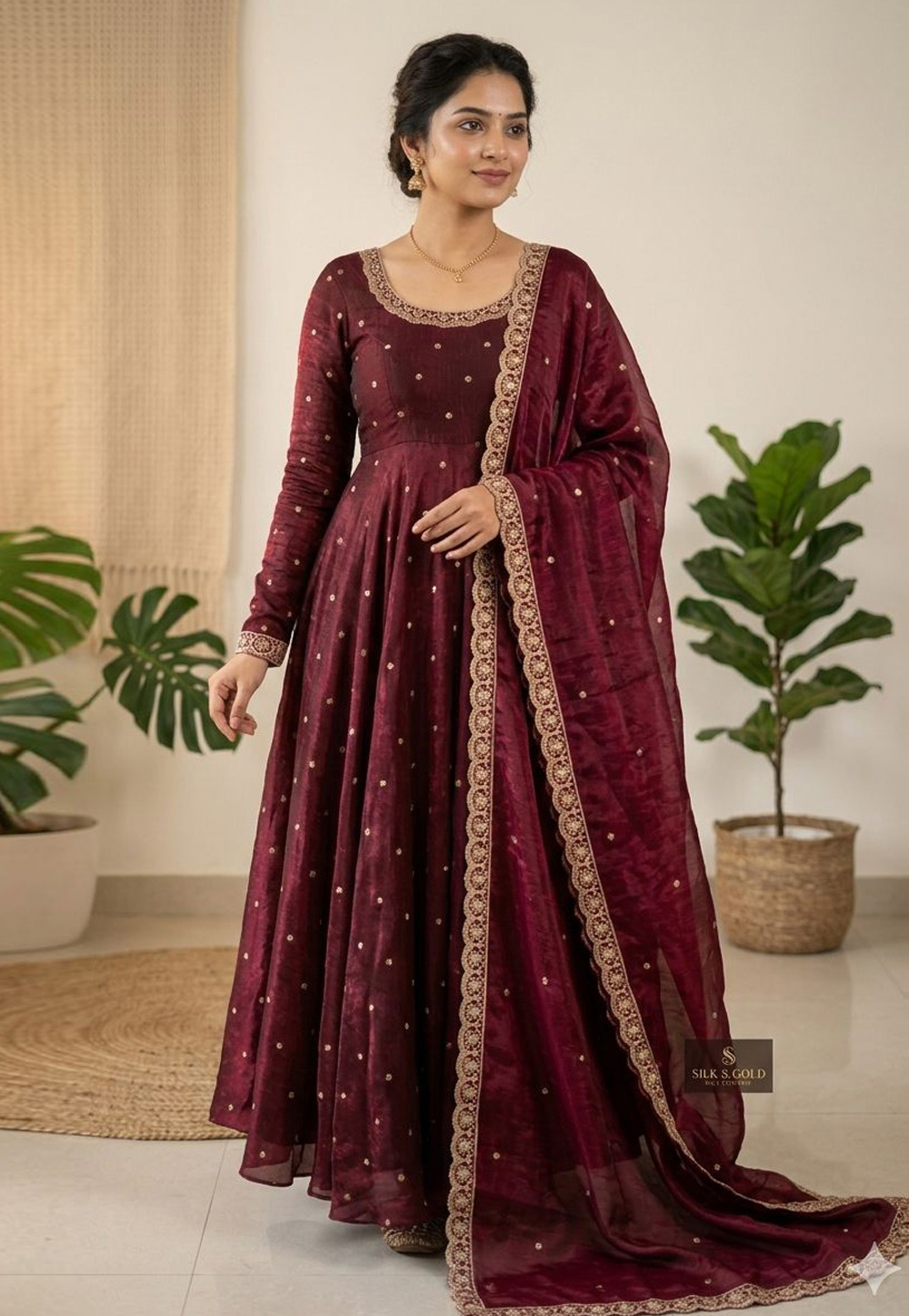 Maroon Silk Readymade Anarkali Suit 329627