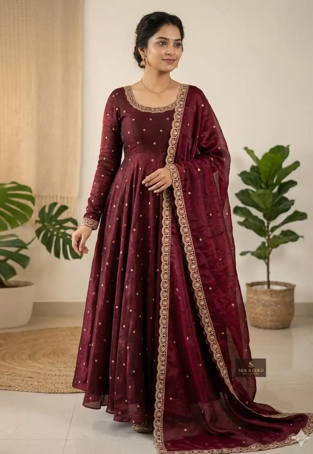 Maroon Silk Readymade Anarkali Suit 329627