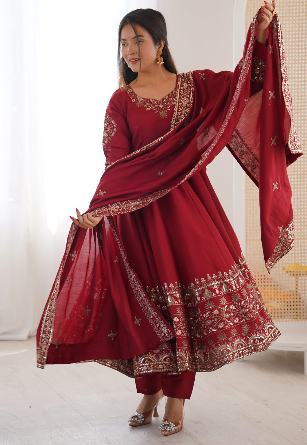 Maroon Silk Readymade Anarkali Suit 324891