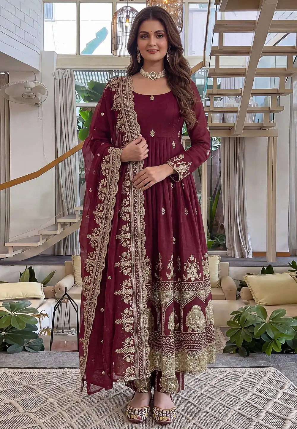 Maroon Silk Readymade Anarkali Suit 329102