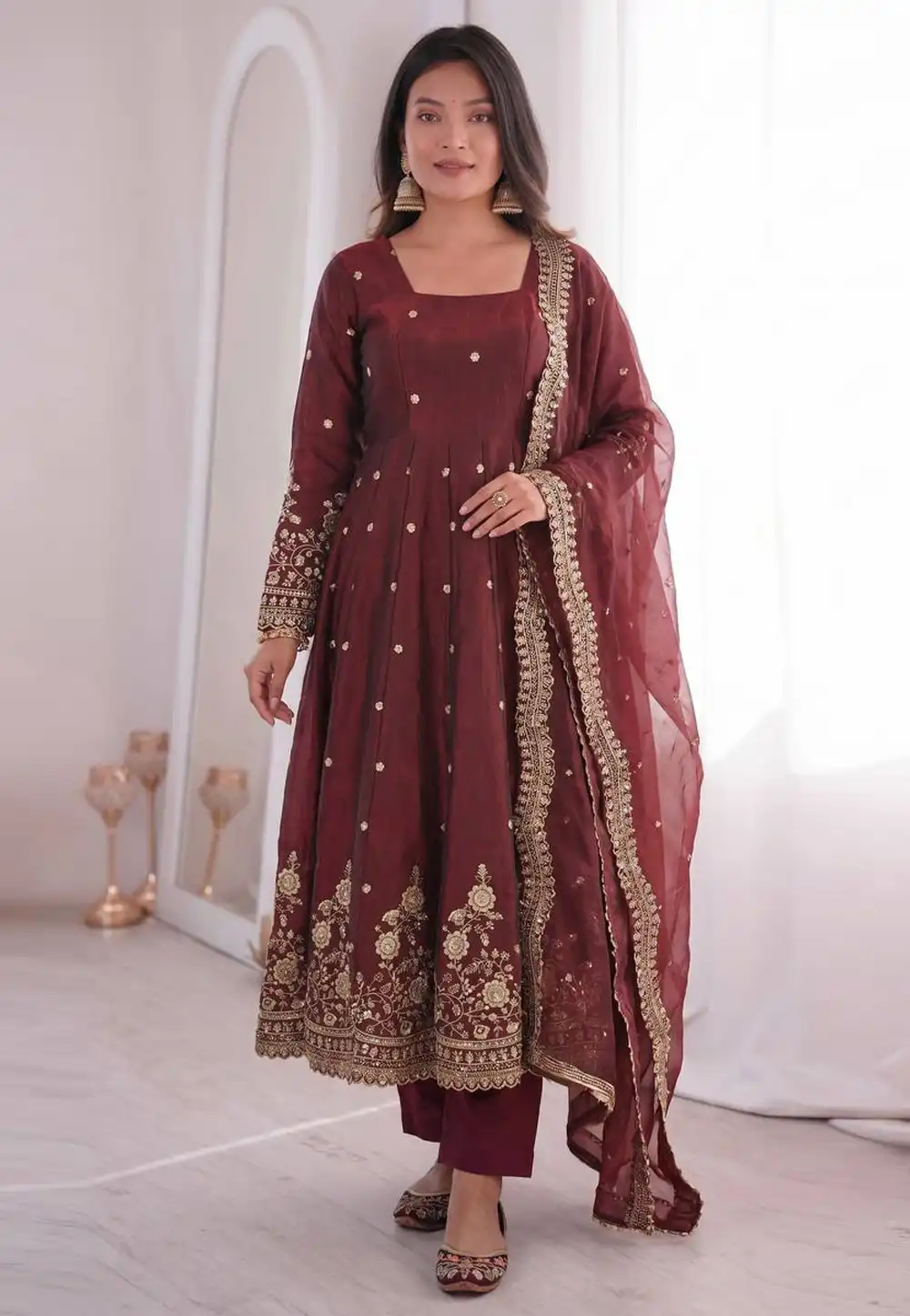 Maroon Silk Readymade Anarkali Suit 329661