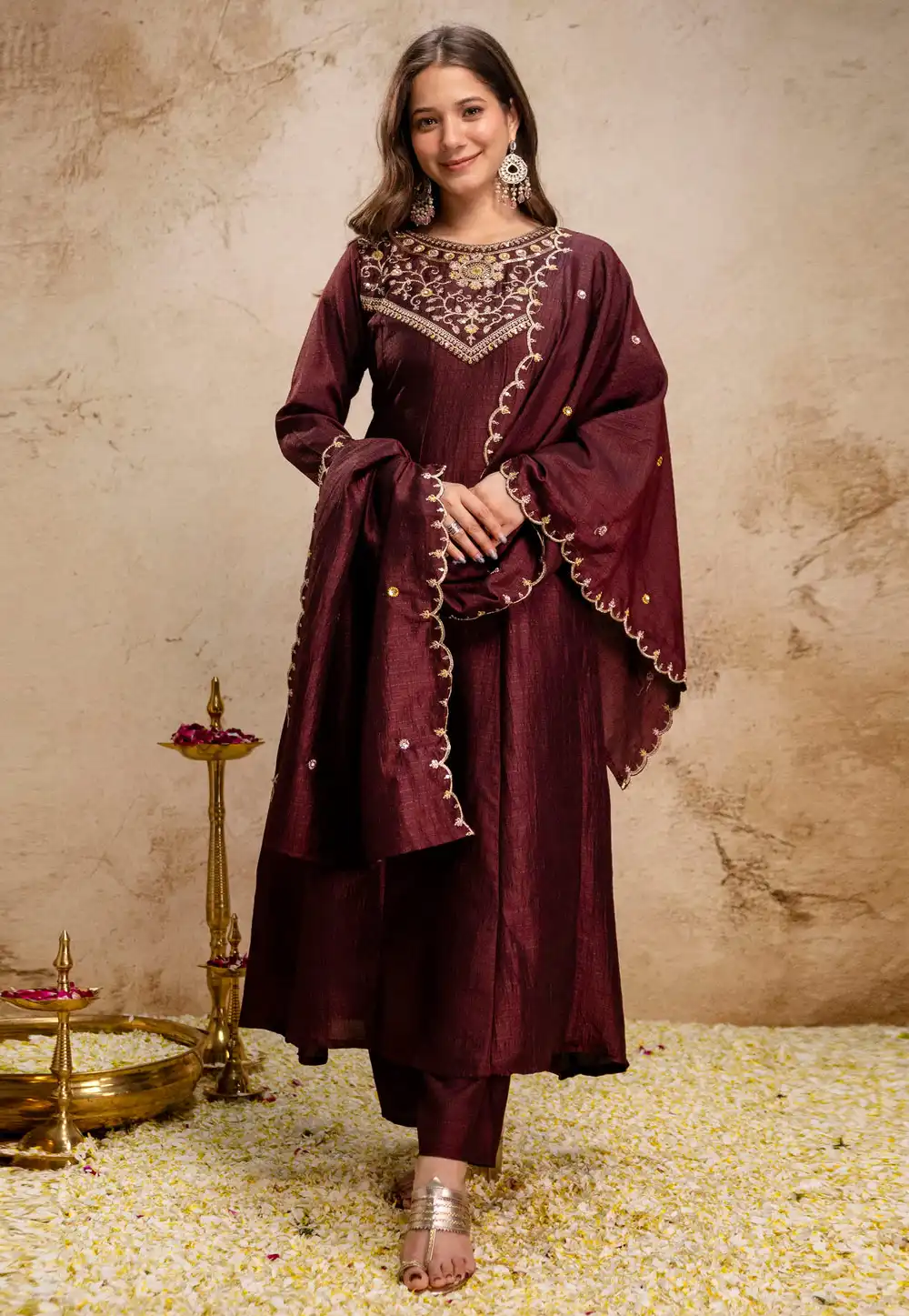 Maroon Silk Readymade Anarkali Suit 327157