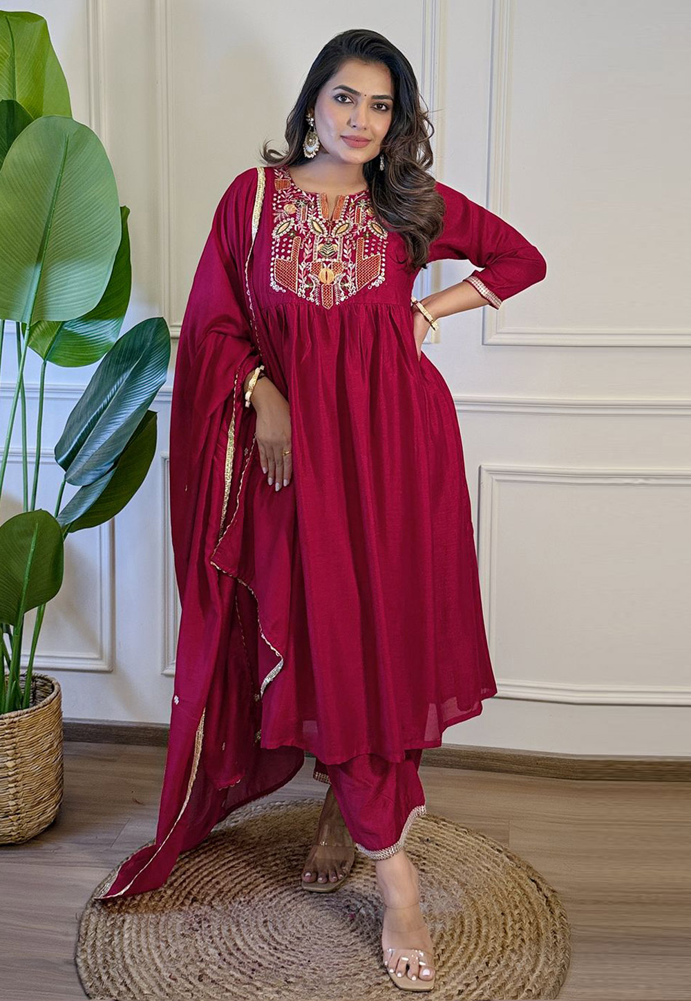 Maroon Silk Readymade Anarkali Suit 312333