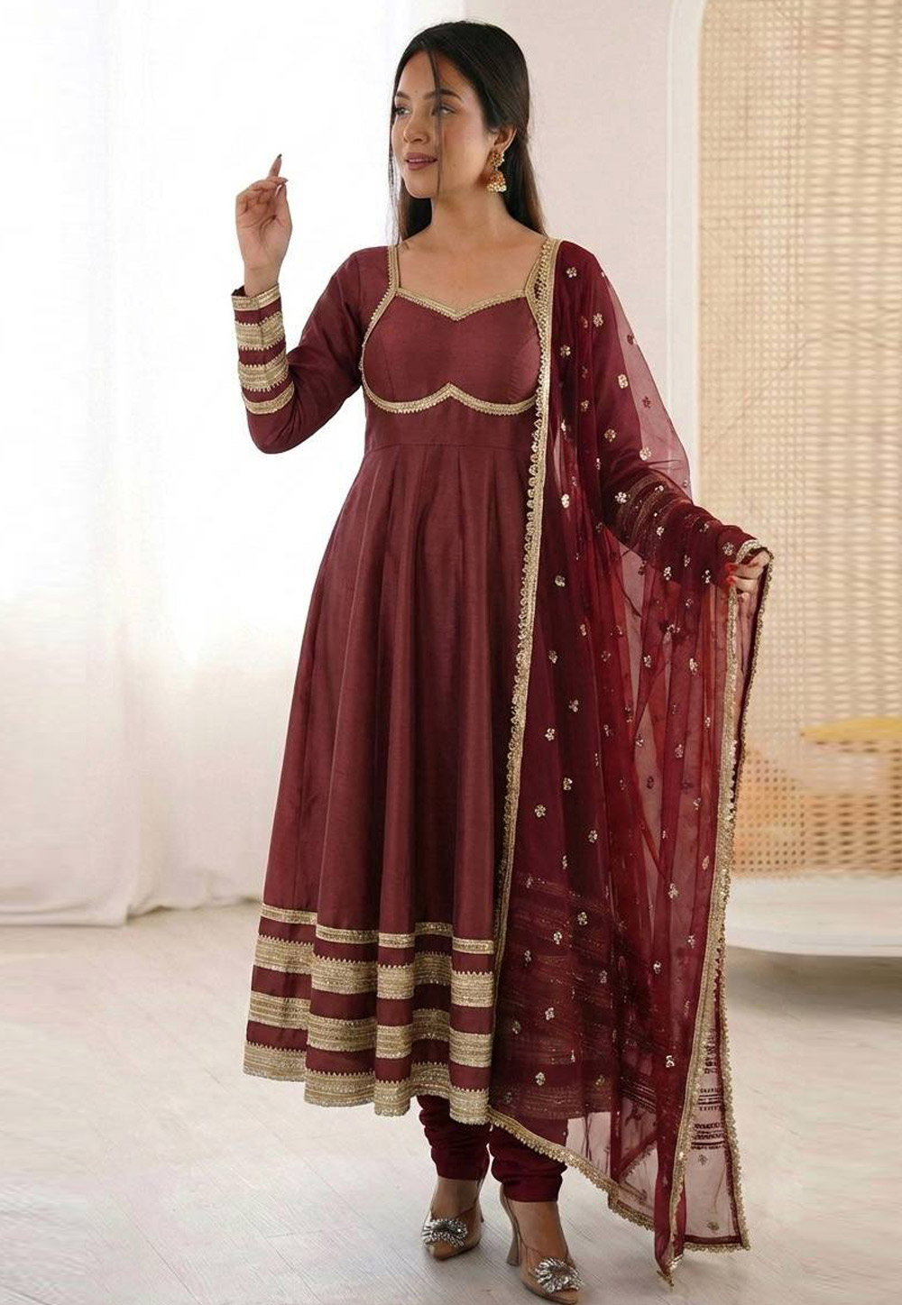 Maroon Silk Readymade Churidar Suit 325494