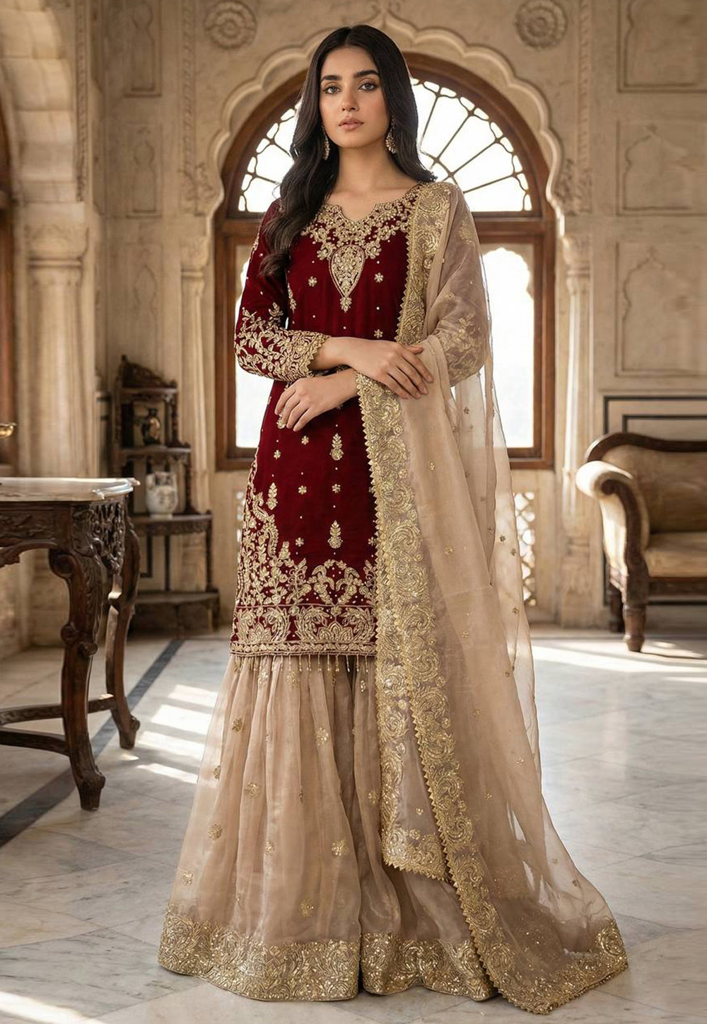 Maroon Silk Readymade Gharara Suit 323901