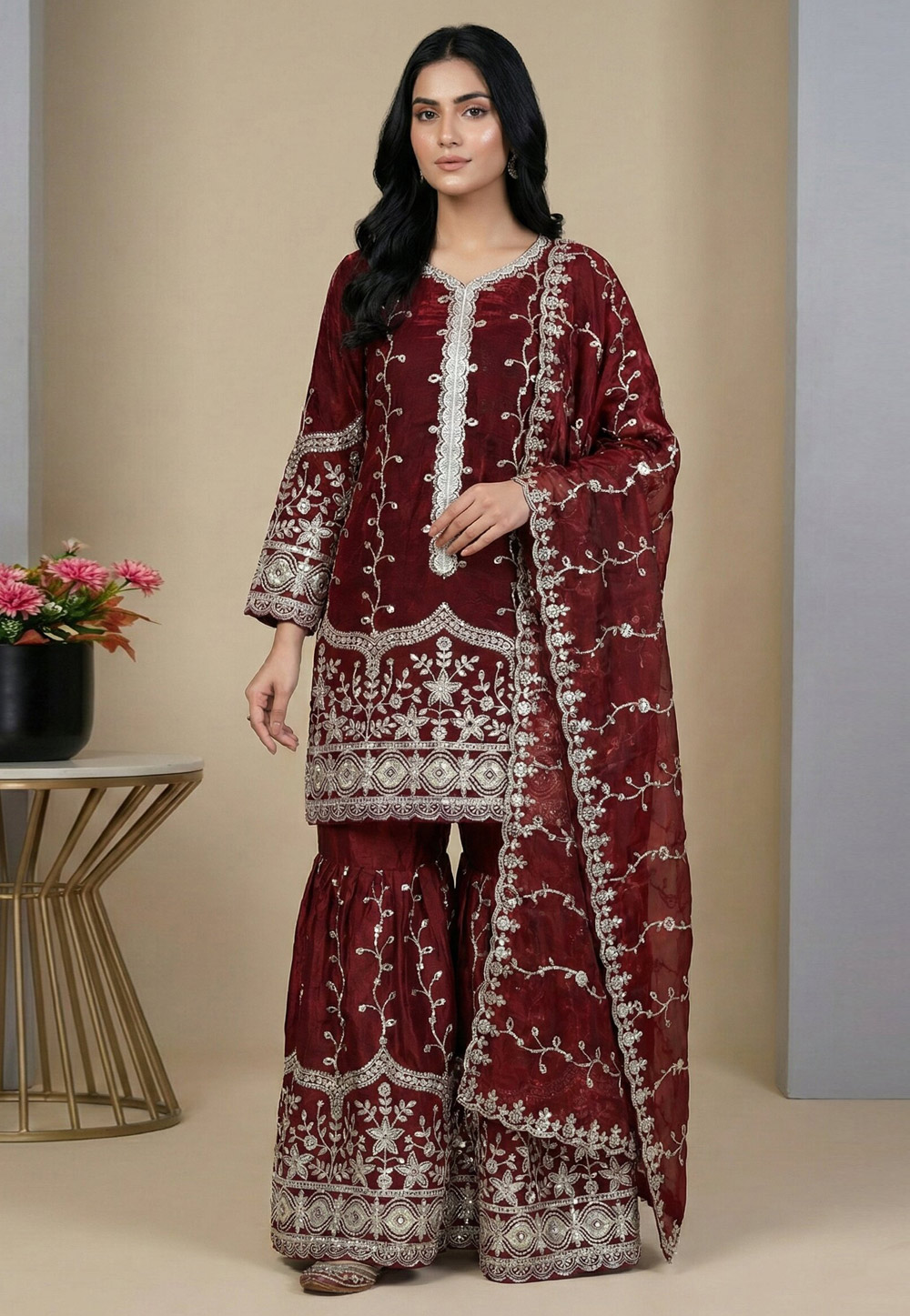 Maroon Silk Readymade Gharara Suit 324995