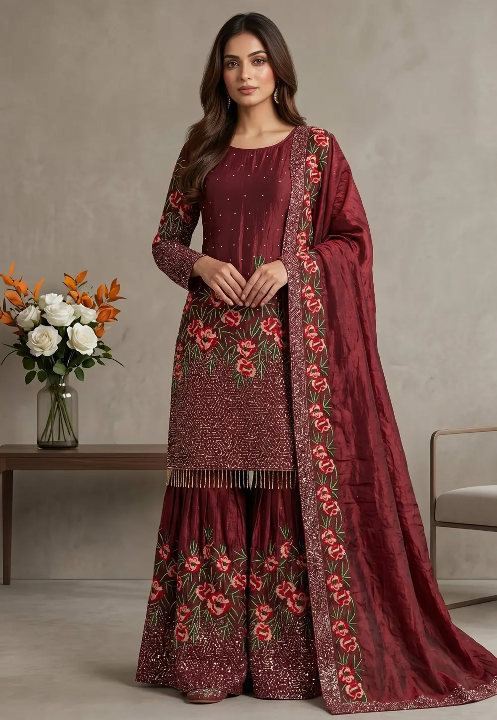 Maroon Silk Readymade Gharara Suit 331986