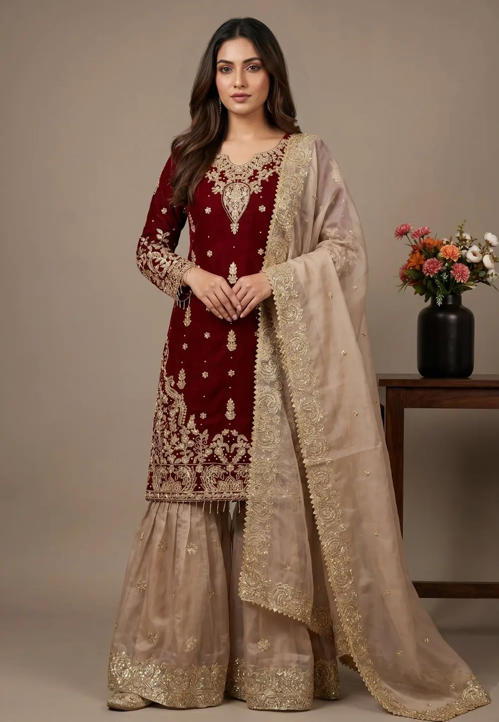 Maroon Silk Readymade Gharara Suit 332003
