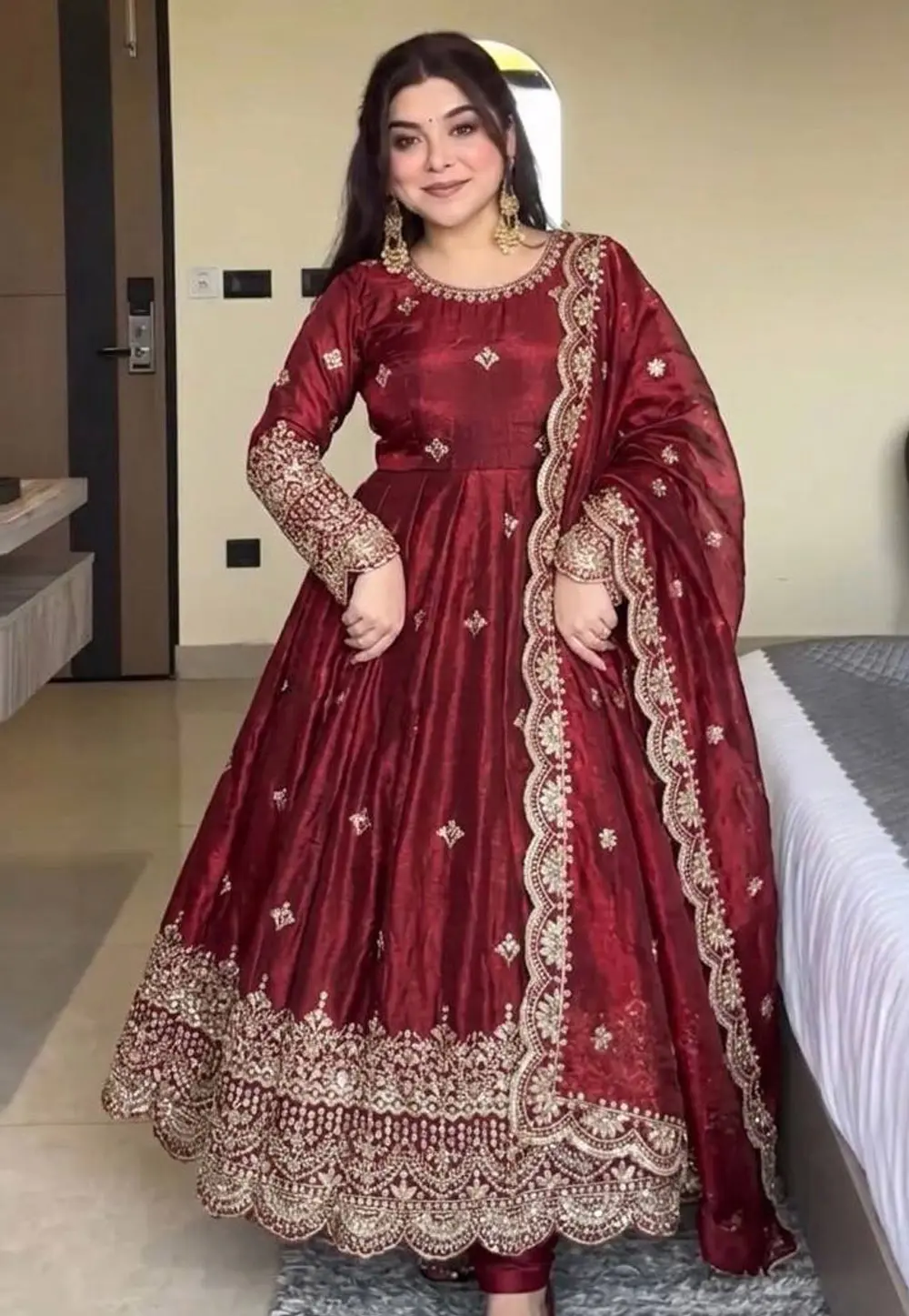 Maroon Silk Readymade Long Anarkali Suit 331900