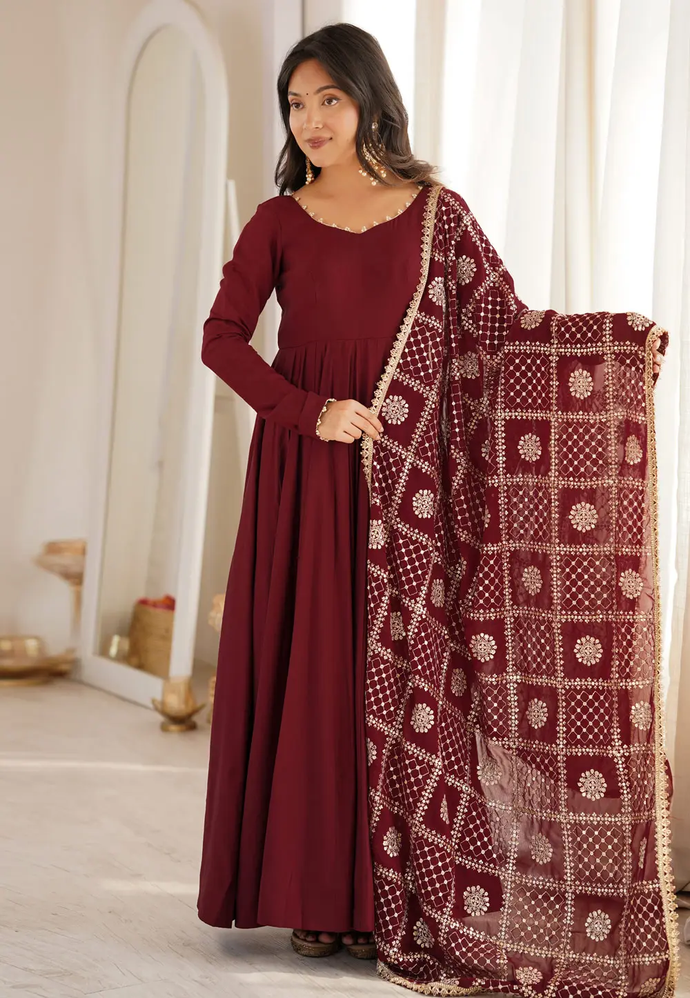 Maroon Silk Readymade Long Anarkali Suit 334053