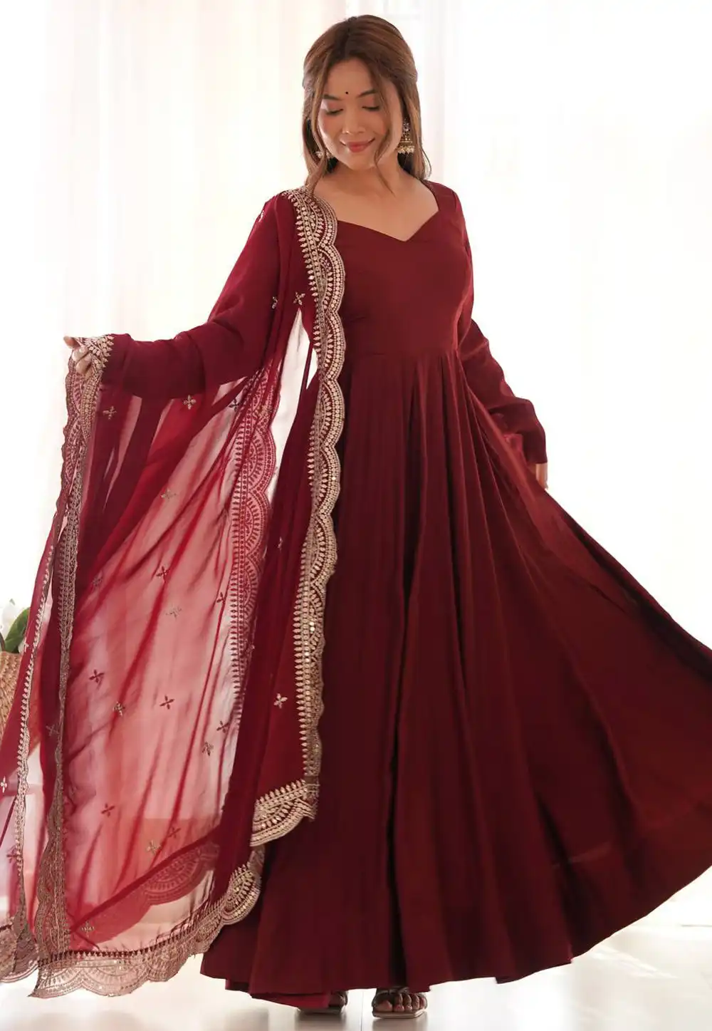 Maroon Silk Readymade Long Anarkali Suit 323769