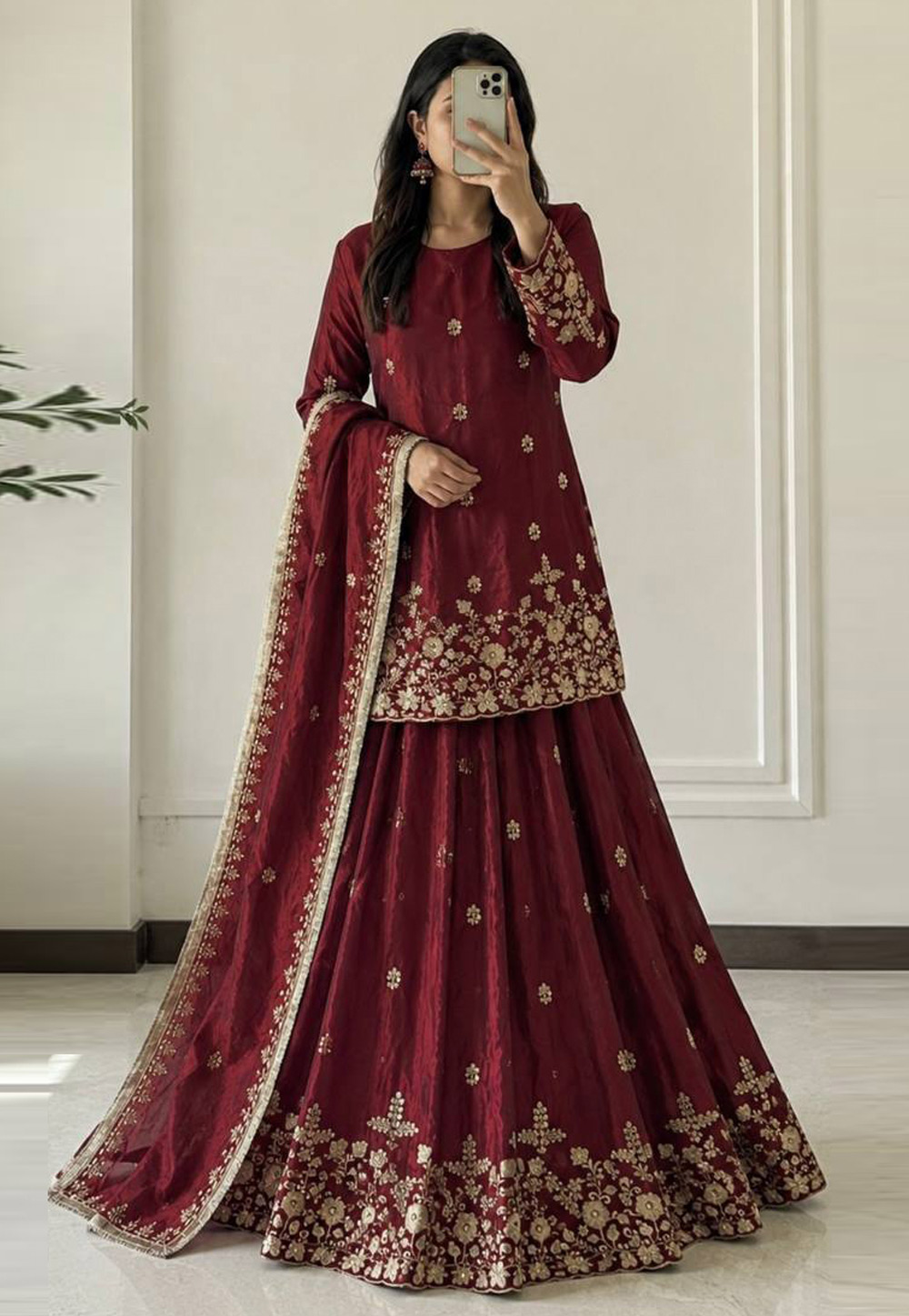 Maroon Silk Readymade Long Choli Lehenga 328966