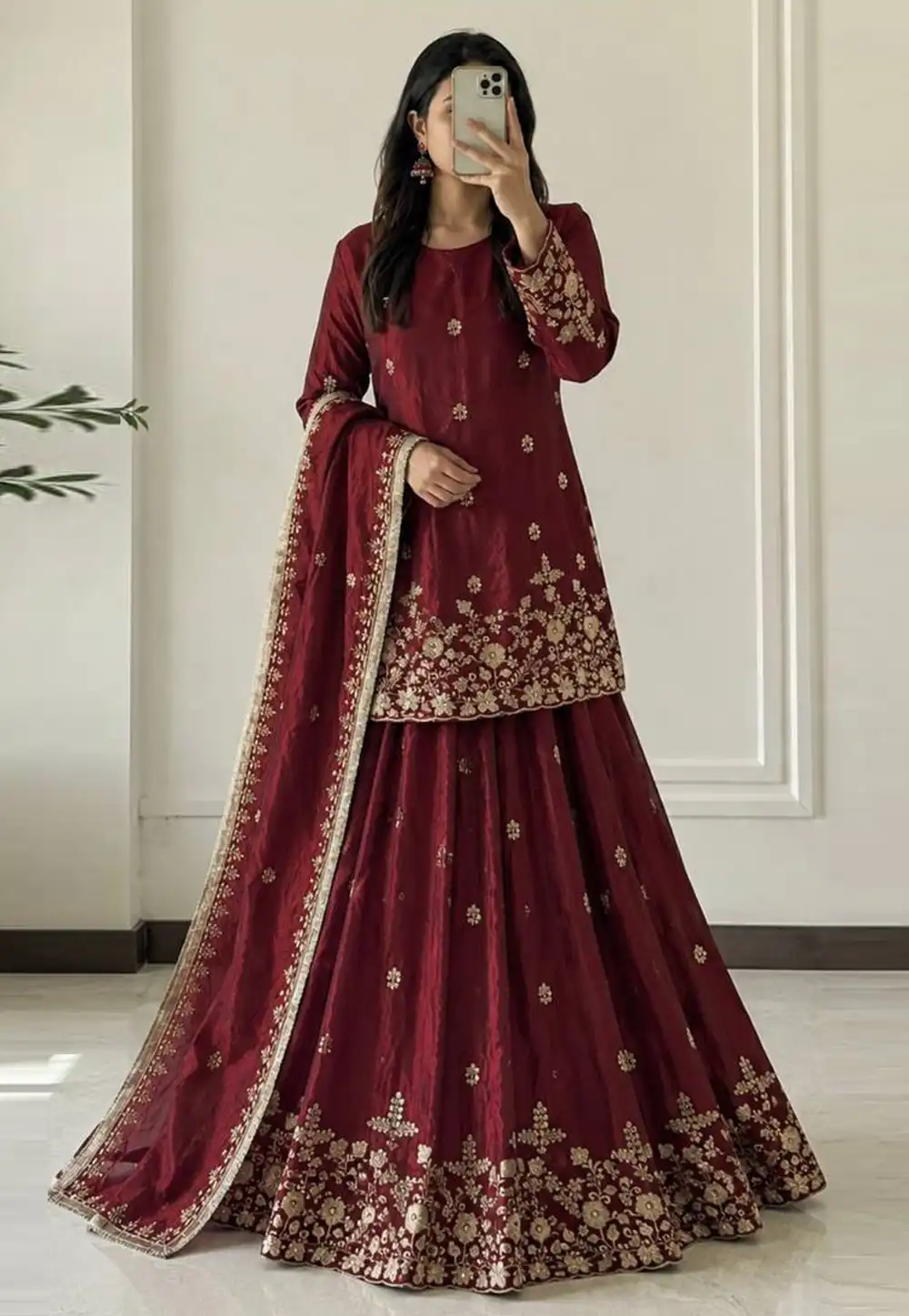 Maroon Silk Readymade Long Choli Lehenga 328966
