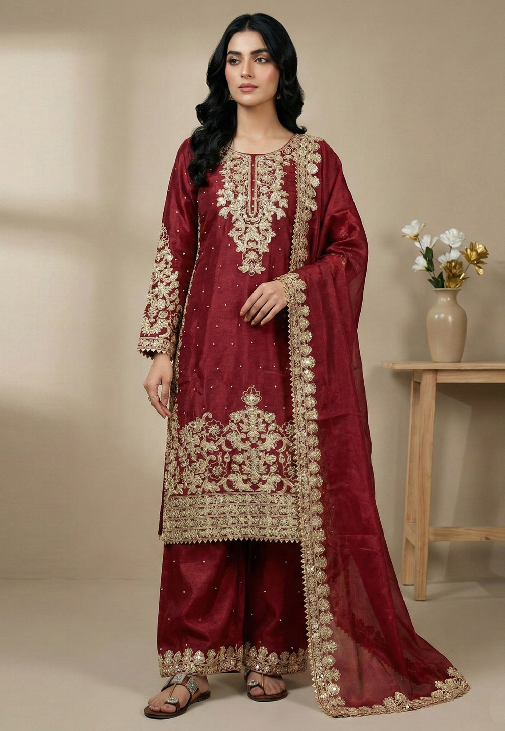 Maroon Silk Readymade Pakistani Suit 324987