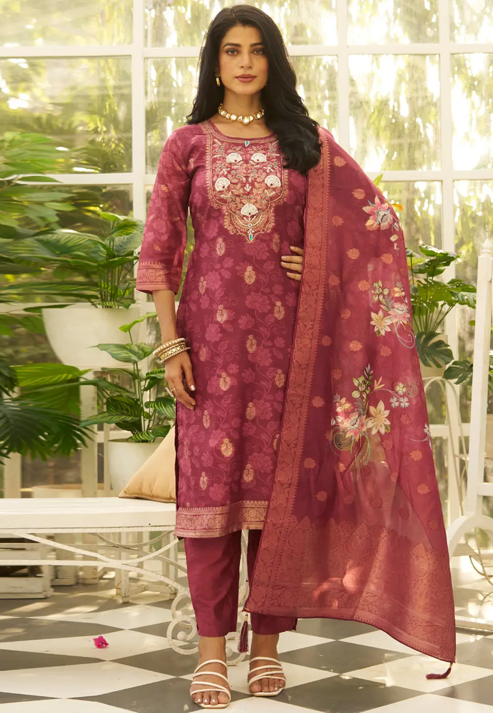 Maroon Silk Readymade Pakistani Suit 331040