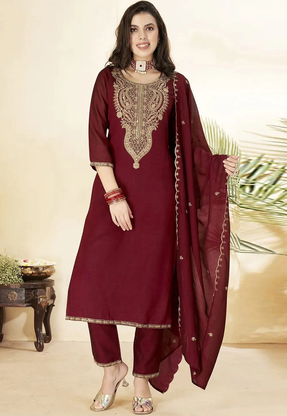 Maroon Silk Readymade Pakistani Suit 331456