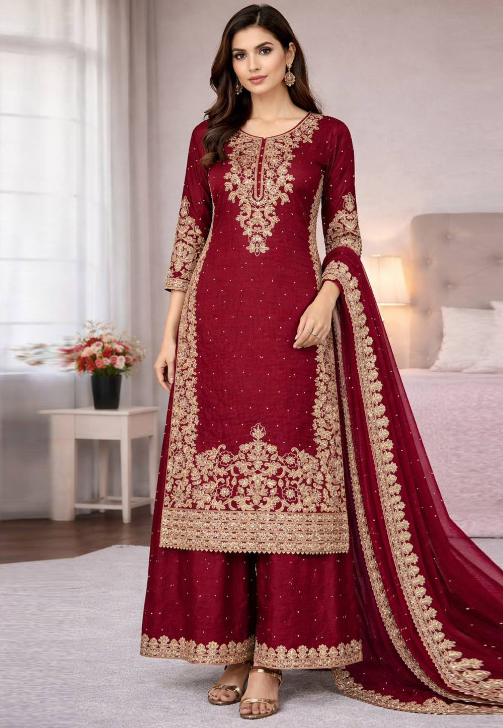 Maroon Silk Readymade Pakistani Suit 322224