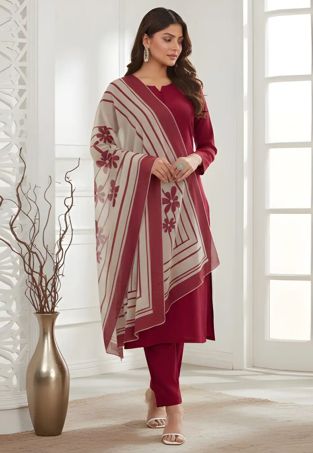 Maroon Silk Readymade Pakistani Suit 330585