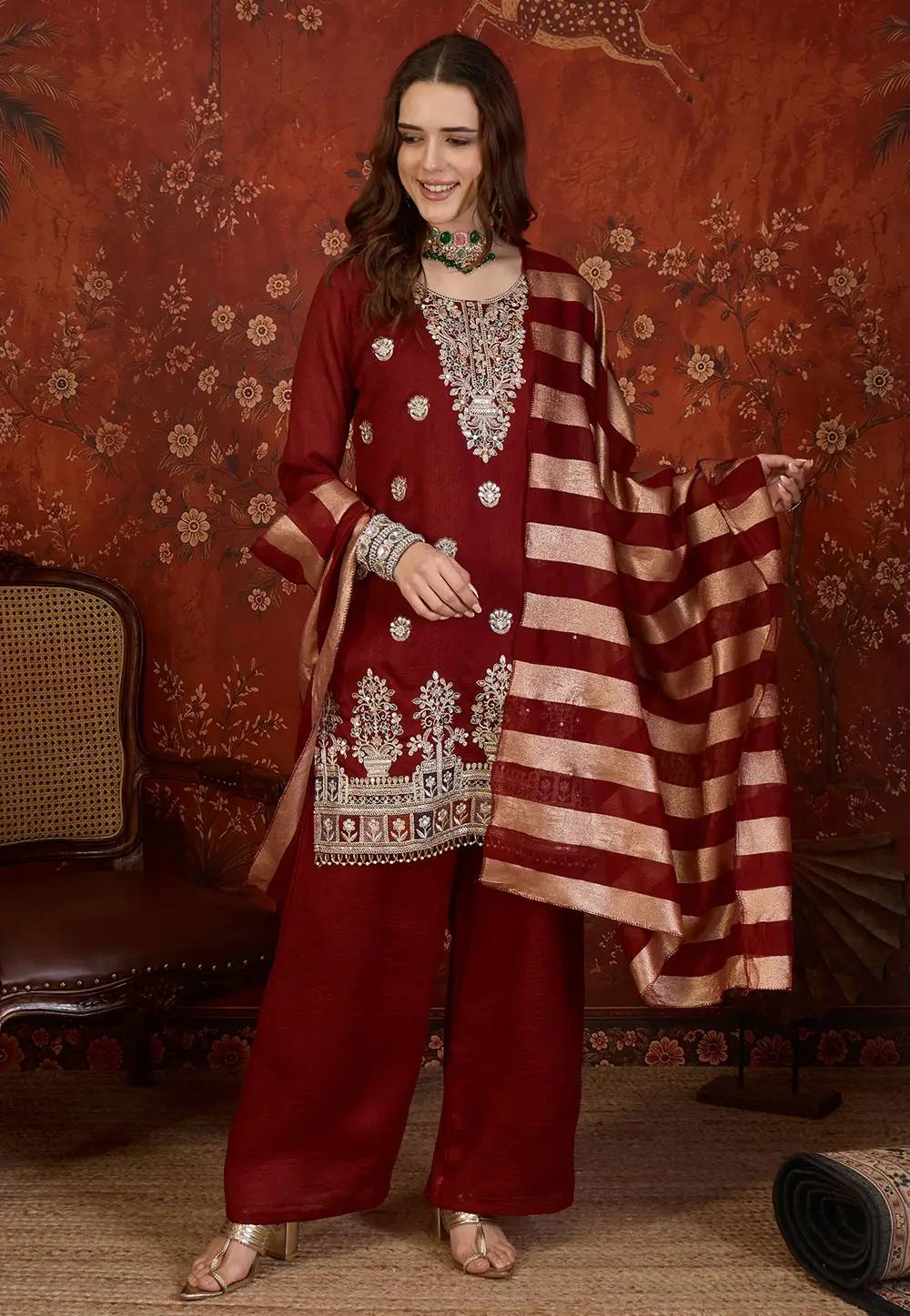 Maroon Silk Readymade Pakistani Suit 336030