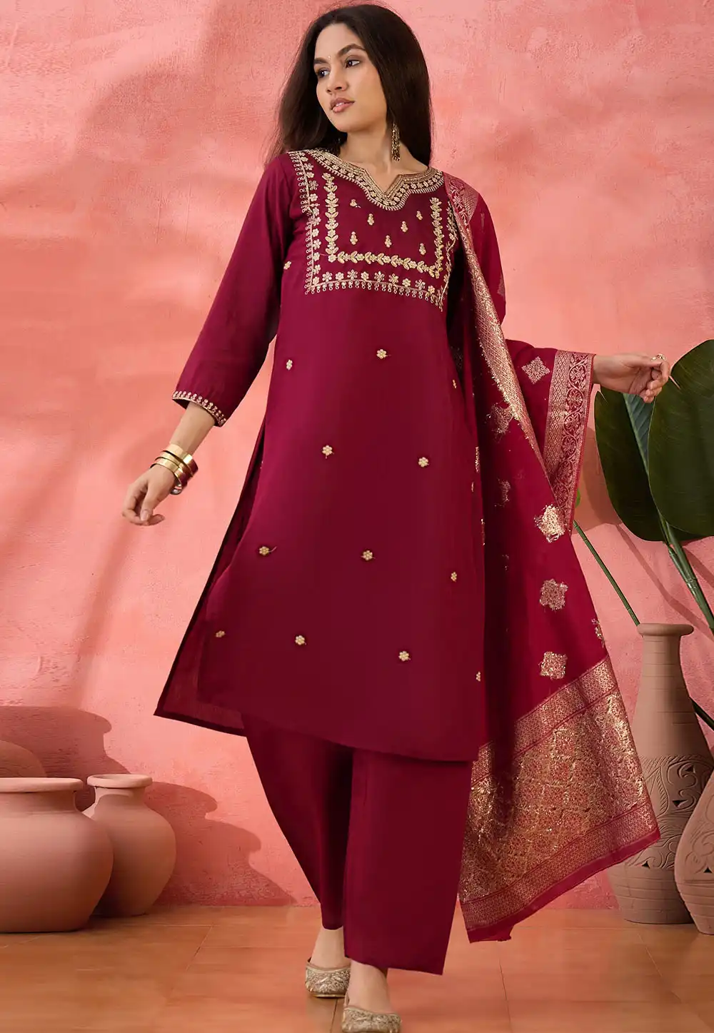 Maroon Silk Readymade Pakistani Suit 308390