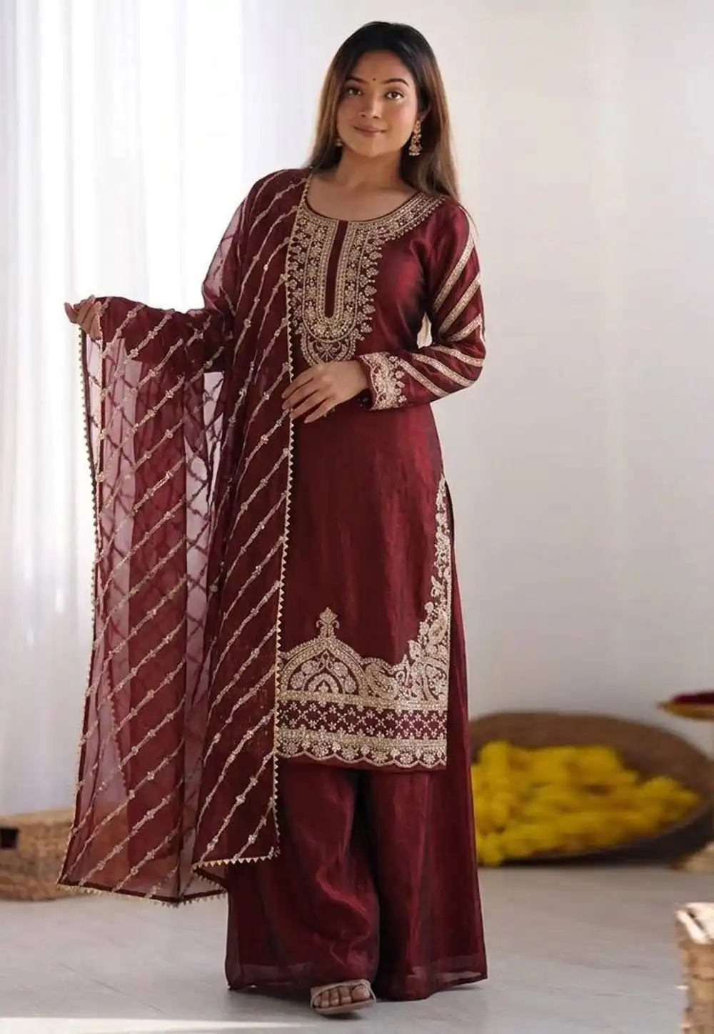 Maroon Silk Readymade Palazzo Suit 328588