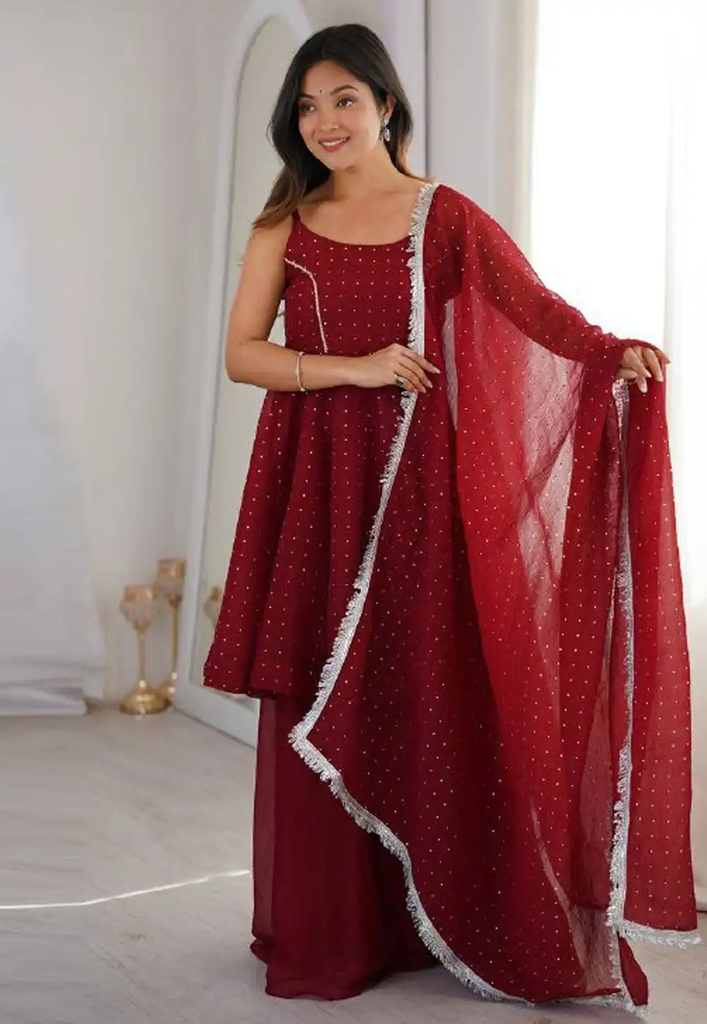 Maroon Silk Readymade Palazzo Suit 329832