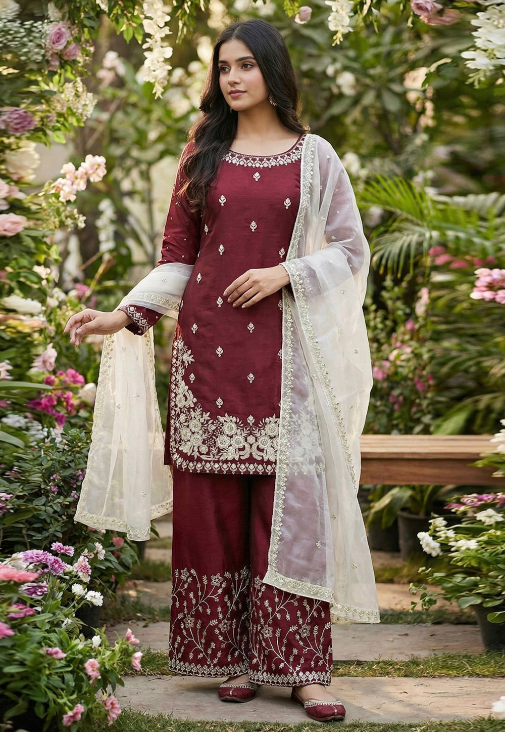 Maroon Silk Readymade Palazzo Suit 322051