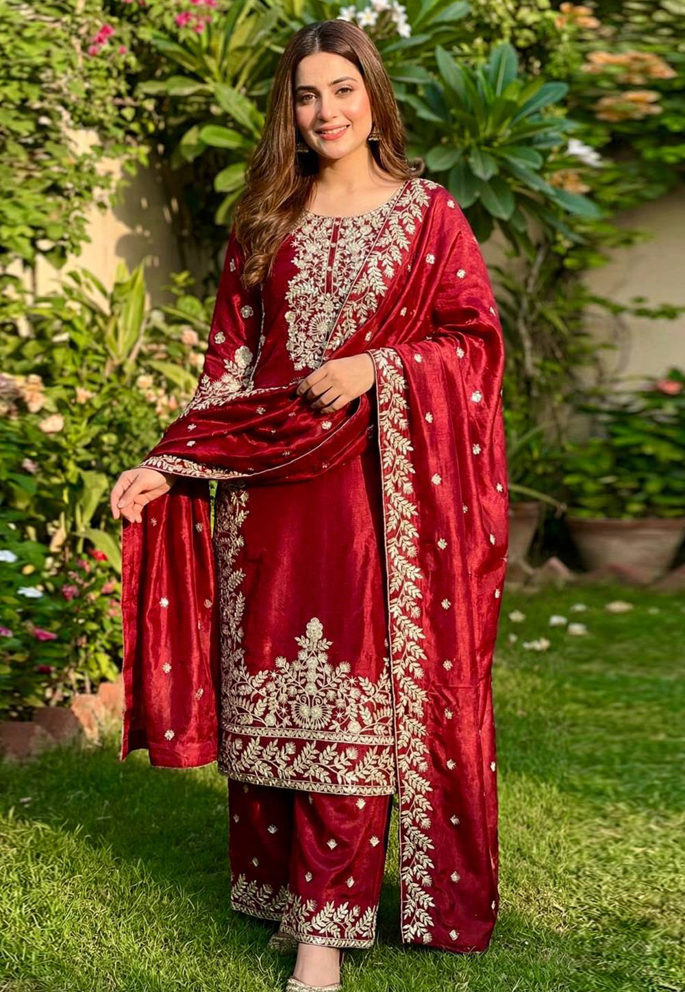 Maroon Silk Readymade Palazzo Suit 321587