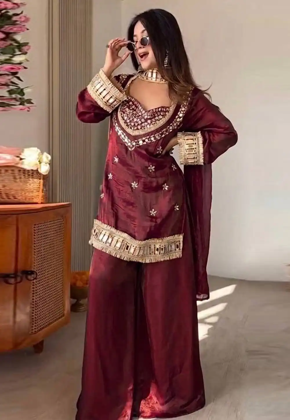 Maroon Silk Readymade Palazzo Suit 327327