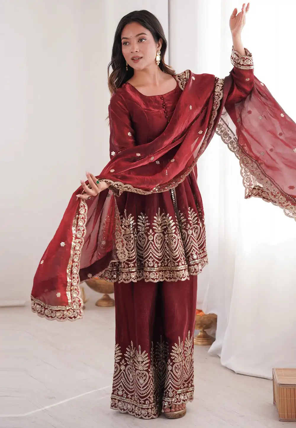 Maroon Silk Readymade Palazzo Suit 322770