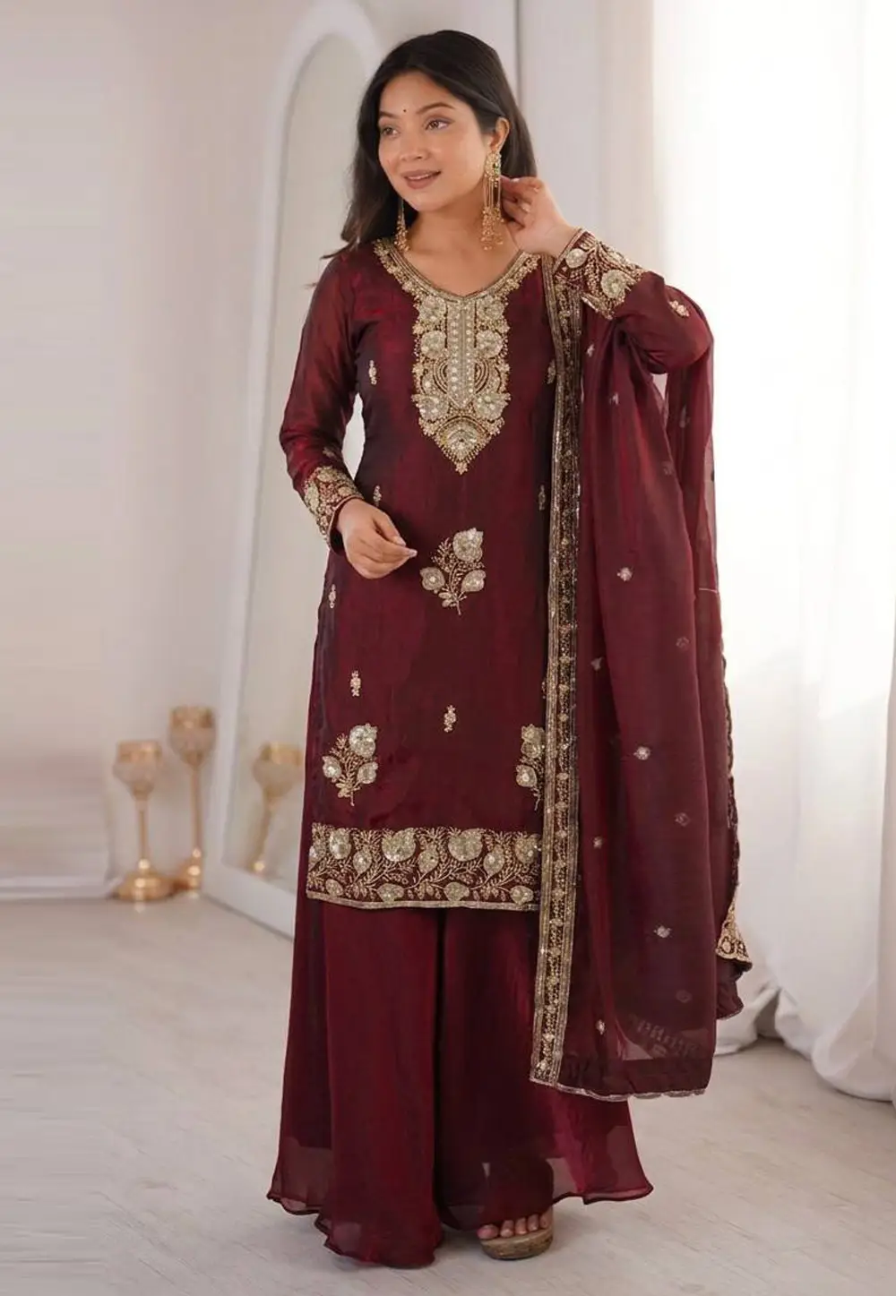 Maroon Silk Readymade Palazzo Suit 333163