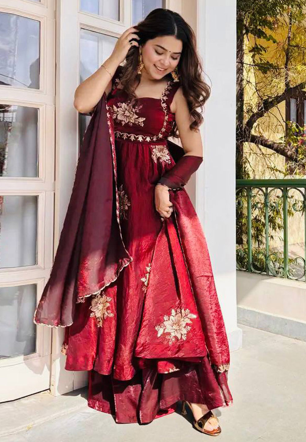 Maroon Silk Readymade Palazzo Suit 327946