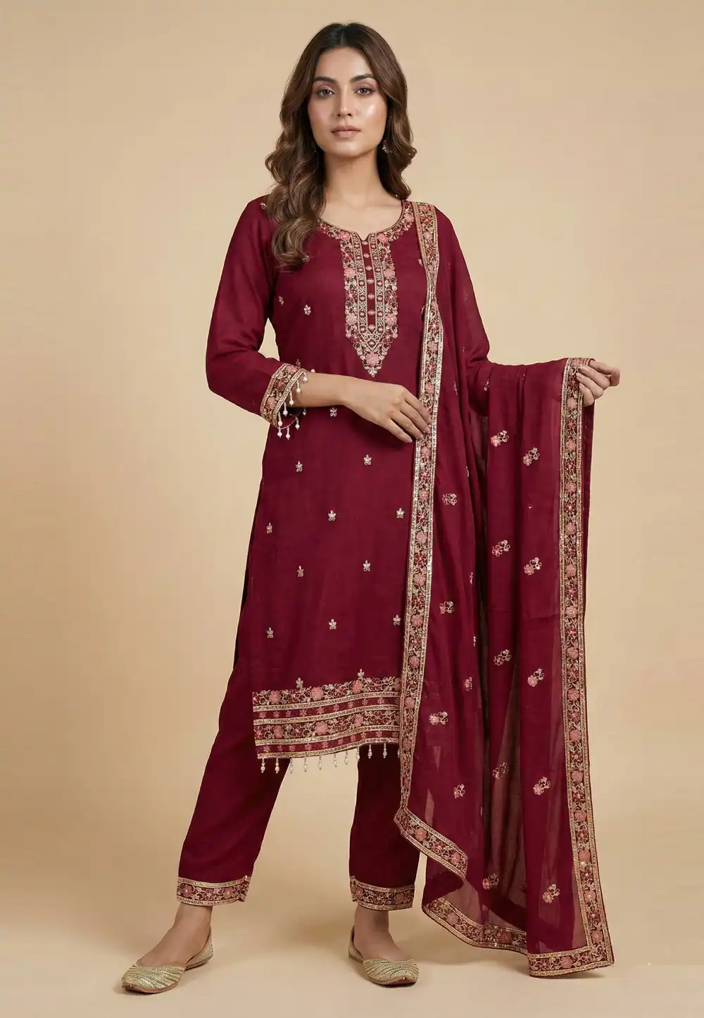 Maroon Silk Readymade Pant Style Suit 323867