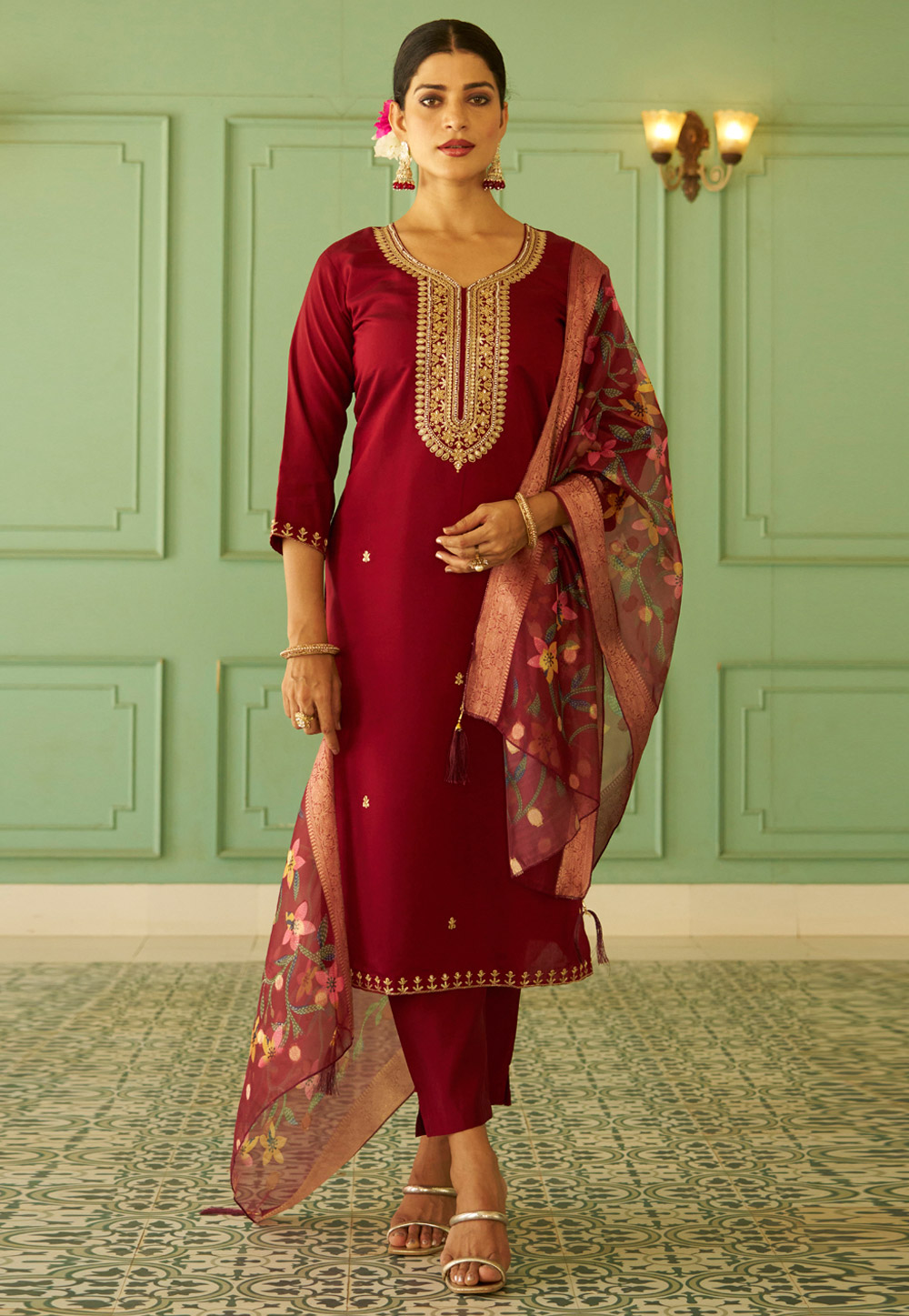 Maroon Silk Readymade Pant Style Suit 324468