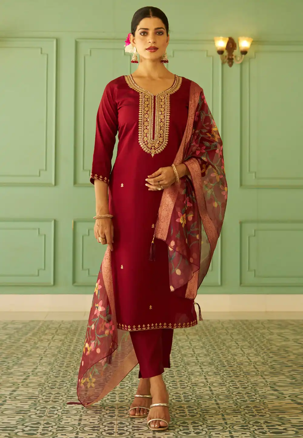 Maroon Silk Readymade Pant Style Suit 324468