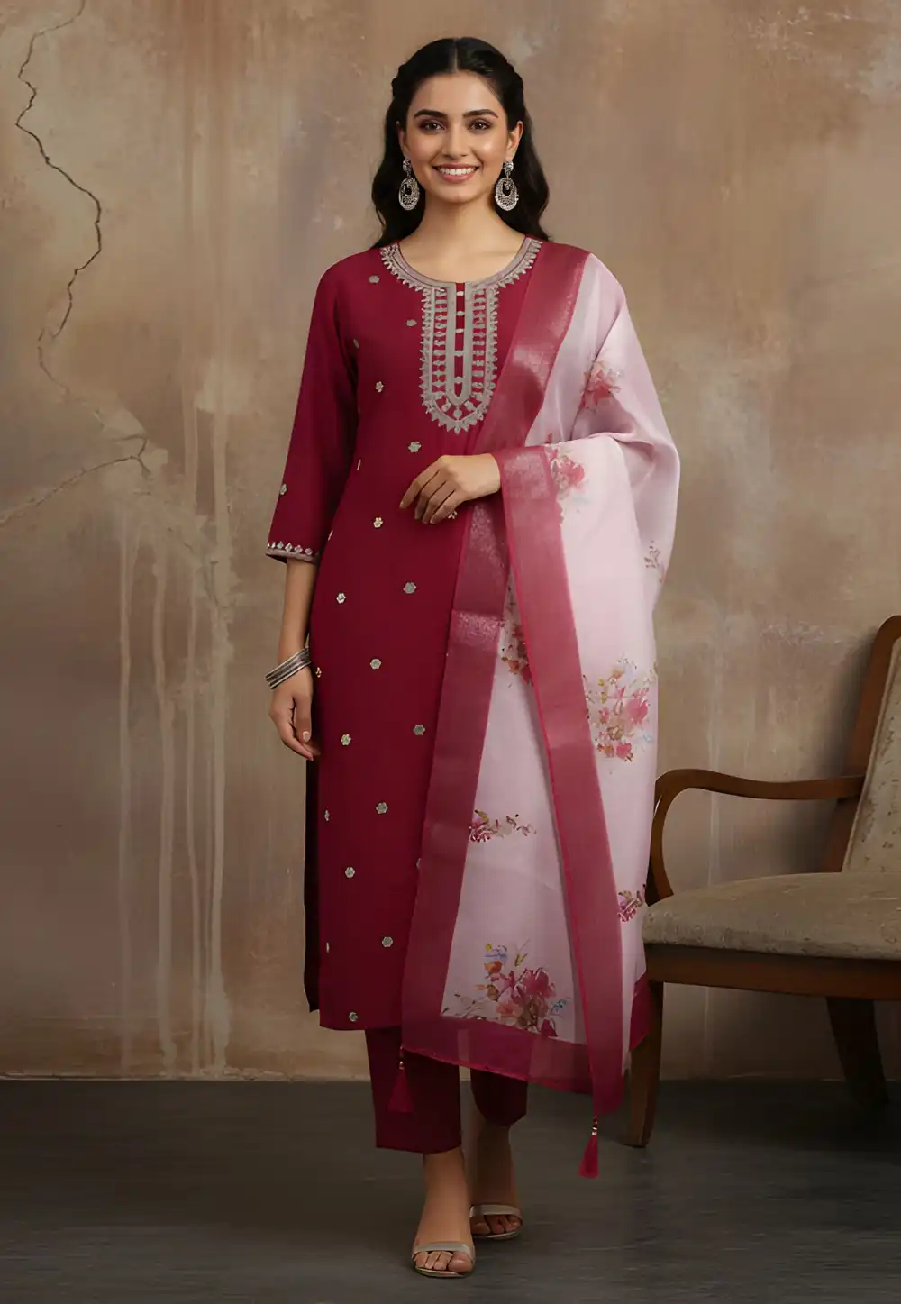 Maroon Silk Readymade Pant Style Suit 330584