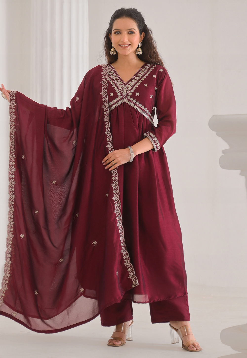 Maroon Silk Readymade Pant Style Suit 309457