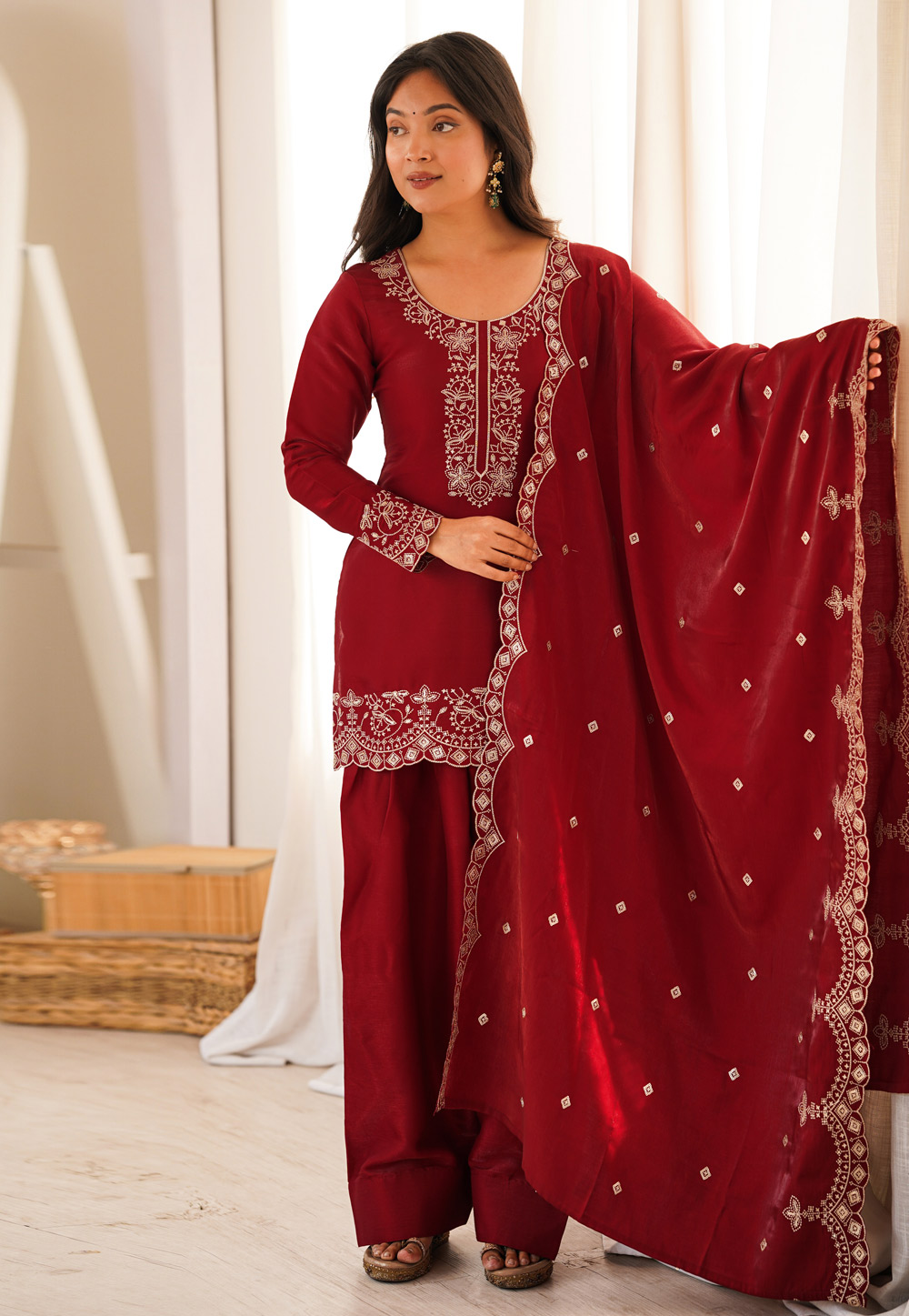 Maroon Silk Readymade Patiala Suit 330209