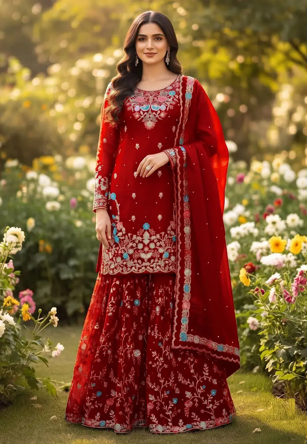 Red Silk Readymade Sharara Suit 335120