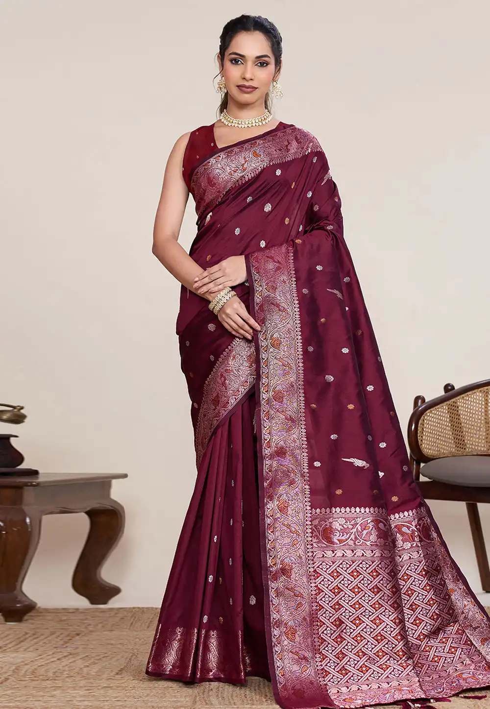 Maroon Silk Saree With Blouse 326370