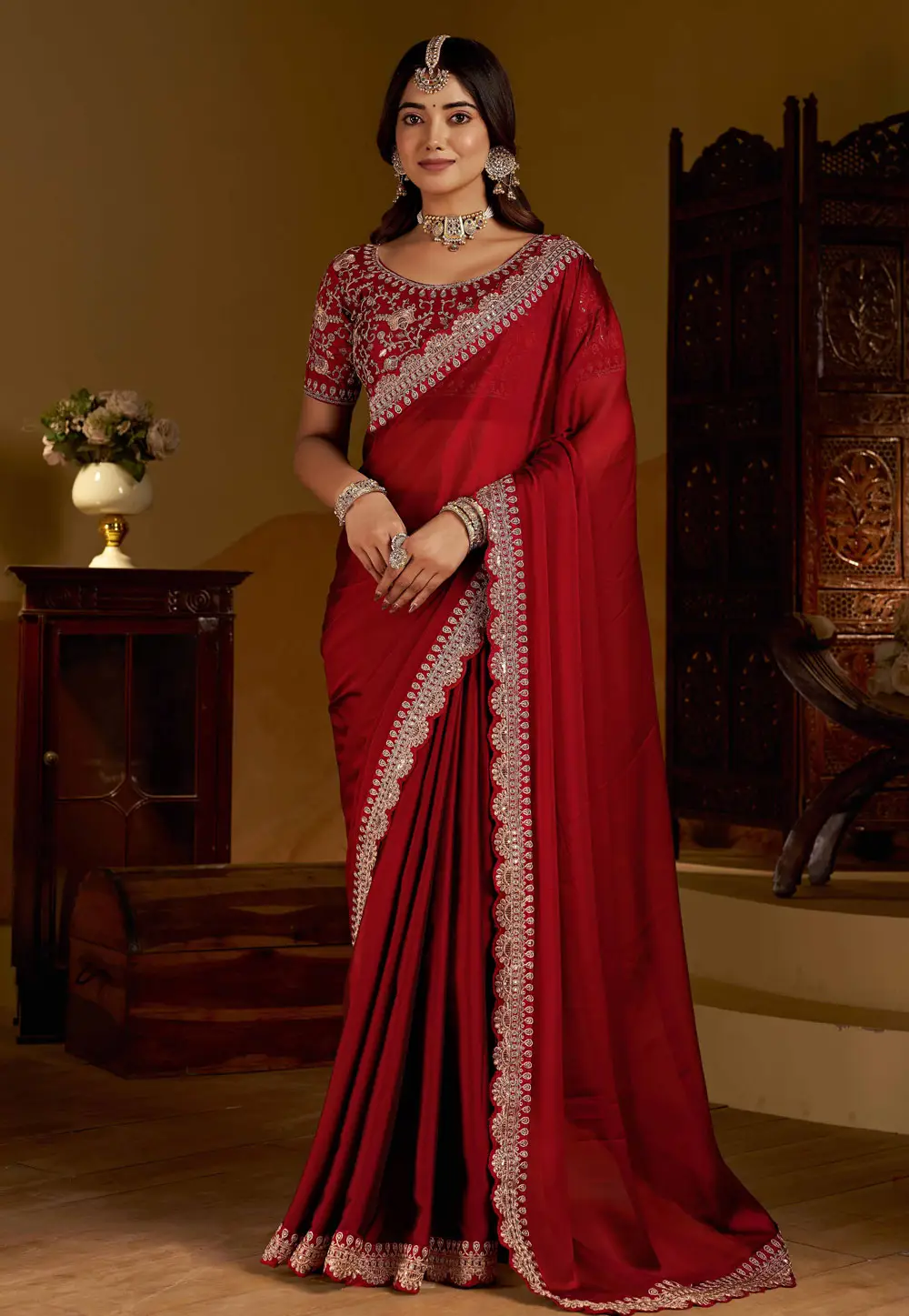 Maroon Silk Saree With Blouse 332594