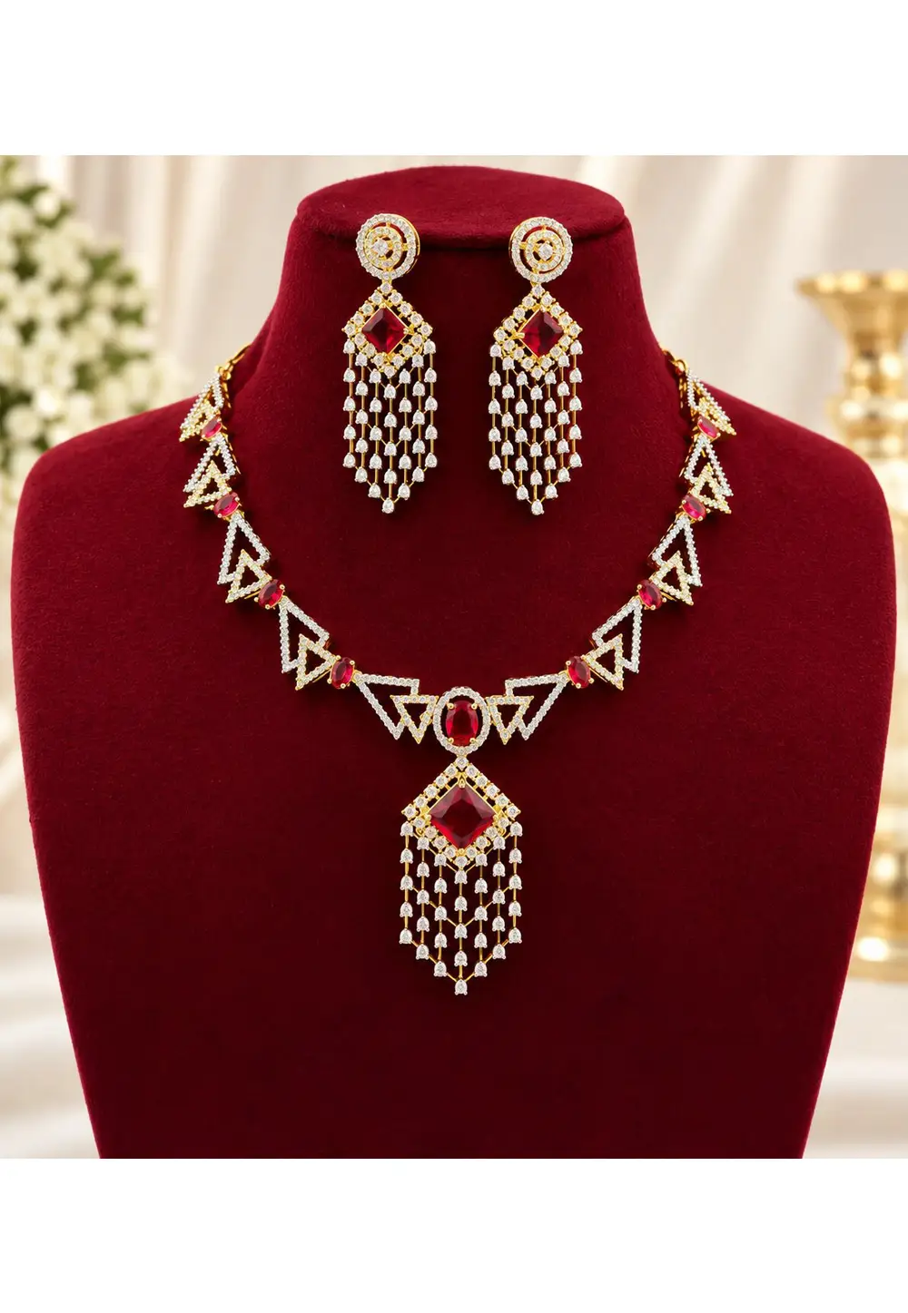 Maroon Stone Necklace With Earrings 335574