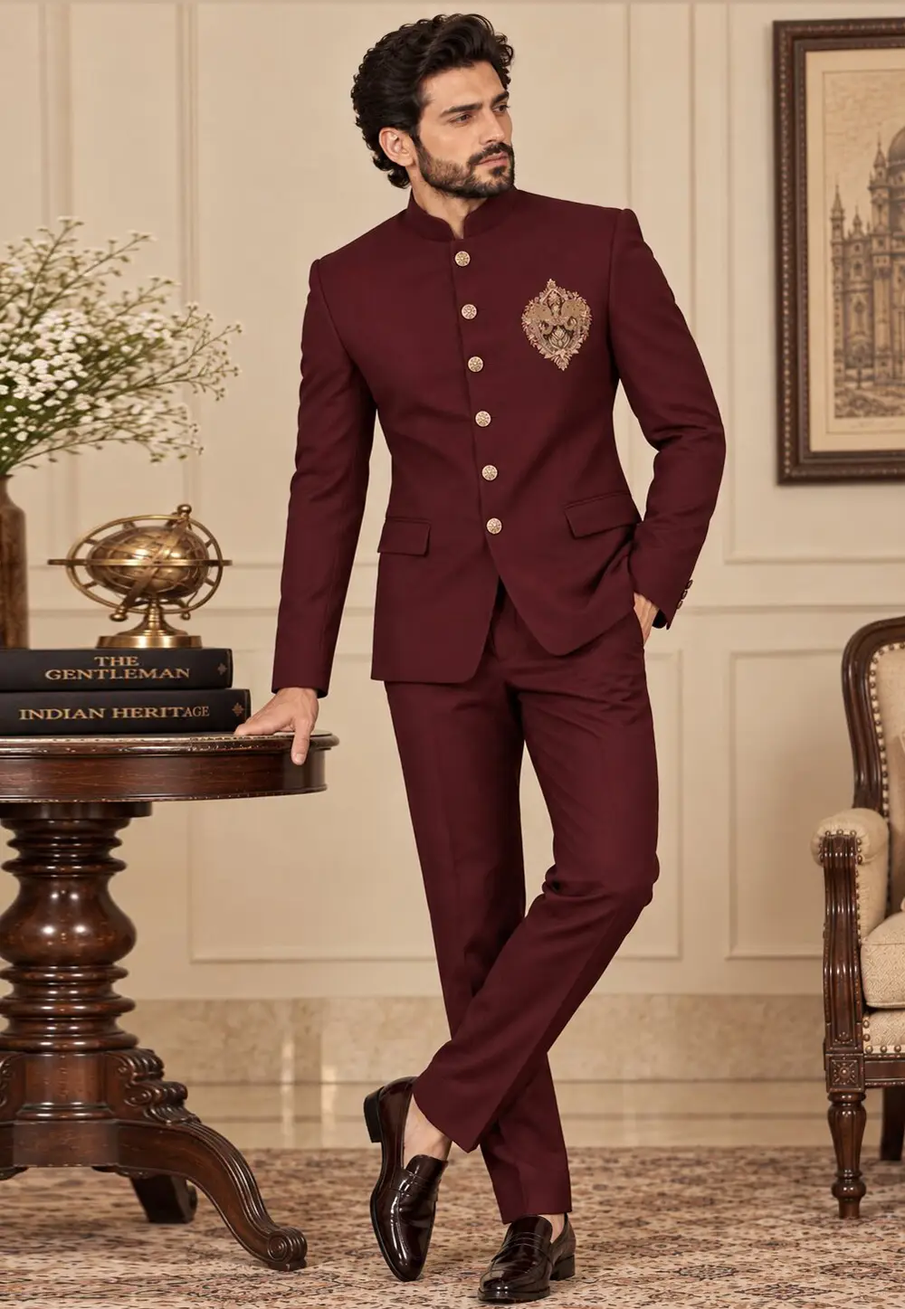 Maroon Suiting Jodhpuri Suit 336432
