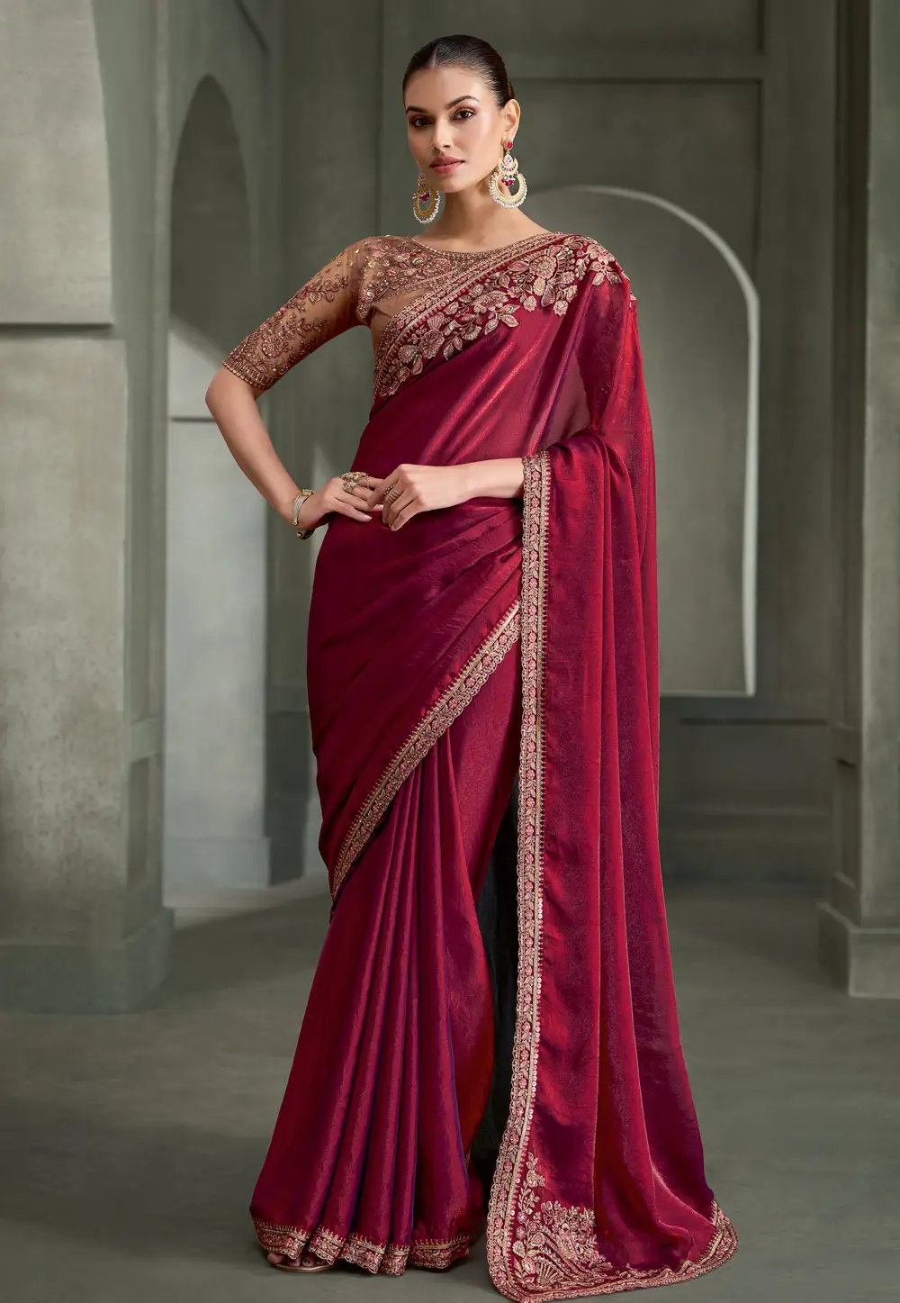 Maroon Tissue Saree With Blouse 335323