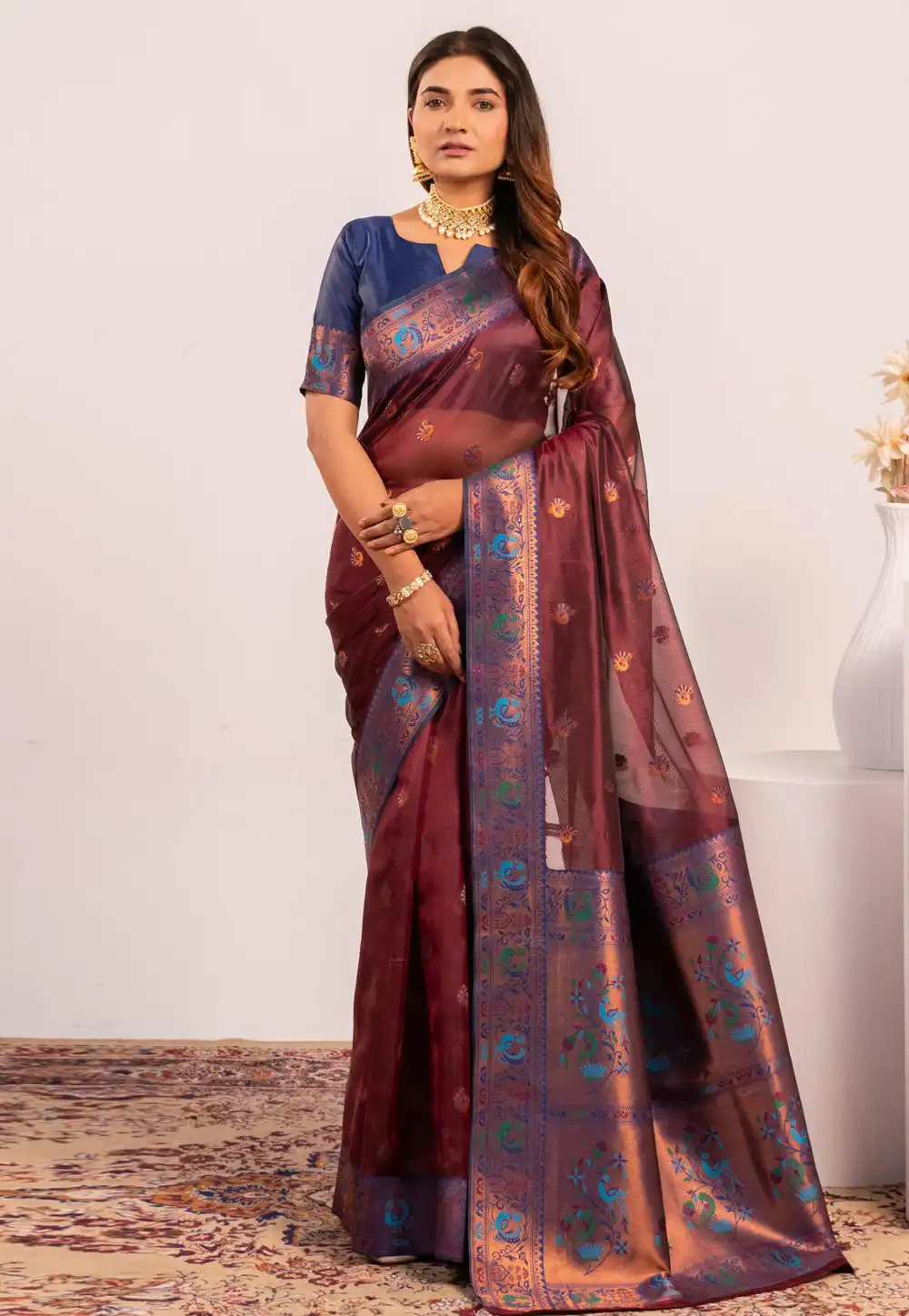 Maroon Tissue Silk Saree With Blouse 327741