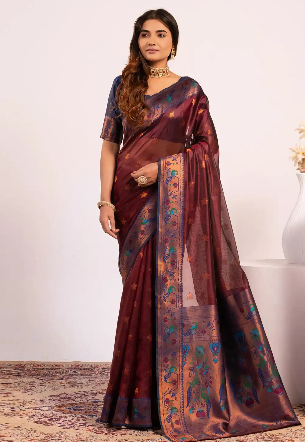 Maroon Tissue Silk Saree With Blouse 330530