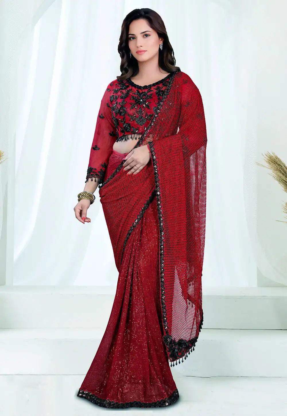 Maroon Tulle Saree With Blouse 326854