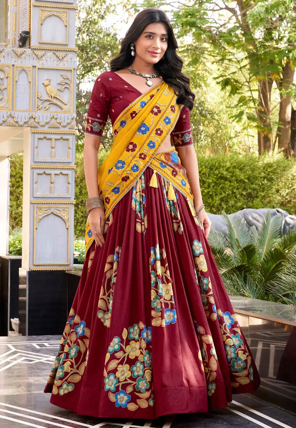 Maroon Tussar Silk Floral Lehenga choli 313859